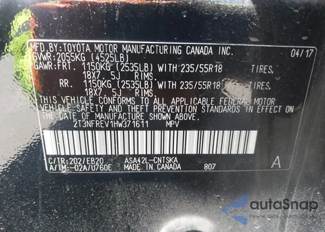 2017 Toyota Rav4 Se из США, поврежденный, VIN 2T3NFREV1HW371611